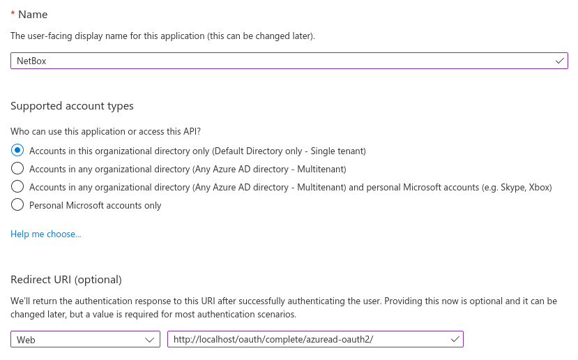 App registration parameters